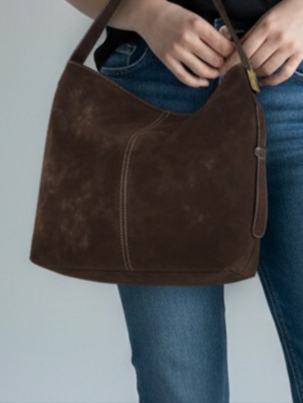 New Brown Faux Suede Shoulder Bag With Gold Hardware Accents